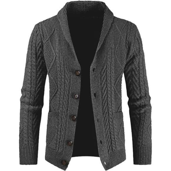 Men's Casual Long Sleeve Shawl Collar Buttons Down Cable Knit Cardigan Sweater